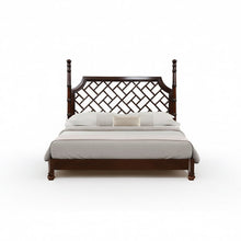Load image into Gallery viewer, Wooden bed with lattice design headboard on a white background
