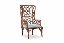 Load image into Gallery viewer, Decorative chair with bamboo  lattice backrest and light blue cushion on a white background
