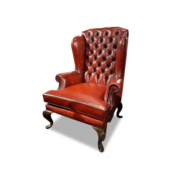 Queen Anne Wing Chair in Burgundy Leather