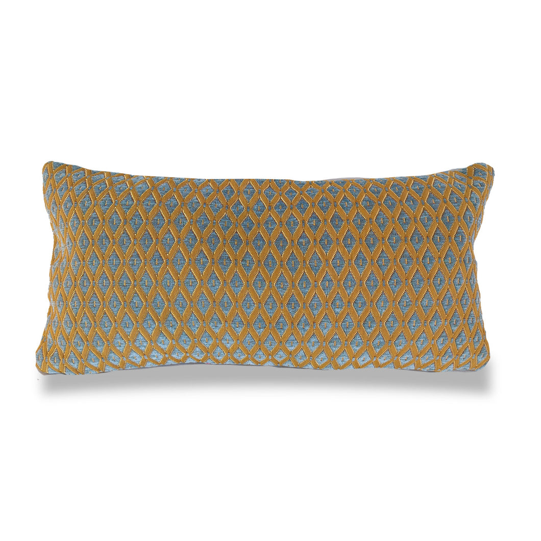 Gold & Harlequin Blue Diamond Cut Chenille Cushion | Lumbar Pillow