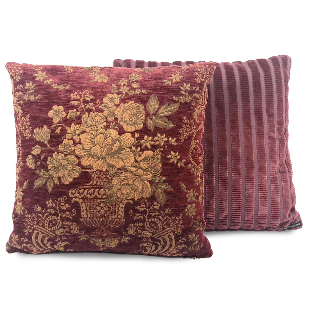 Floral Stripe and Red Gold Cut-Chenille Reversible Cushion | Throw Pillow