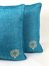 Load image into Gallery viewer, Turquoise Cushion with Embroidered logo | Throw Pillow

